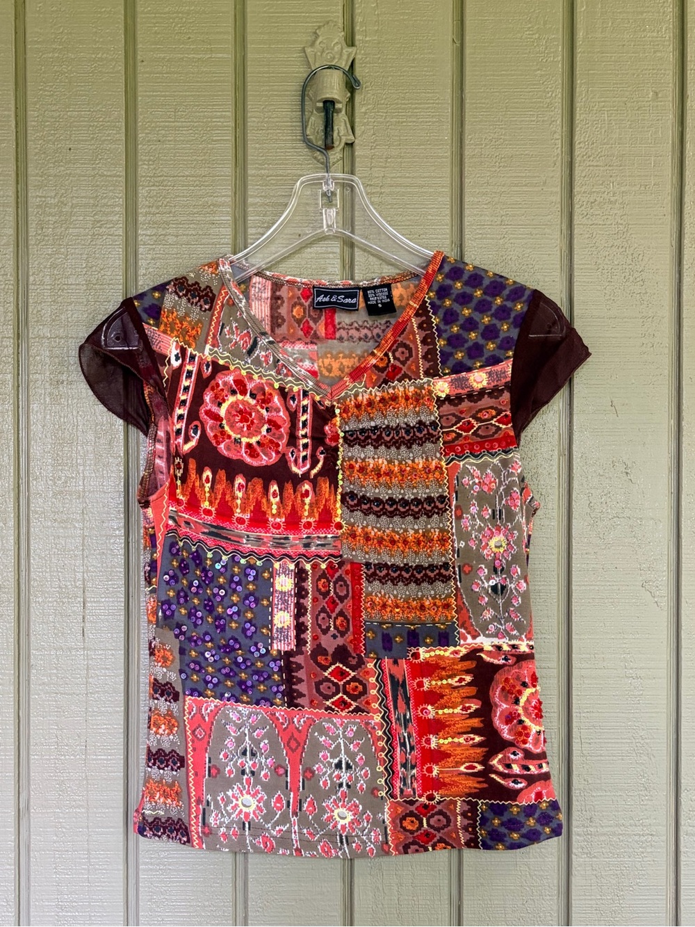 True Vintage Y2K Ash & Sara Boho Beaded Patchwork Mesh Sleeve Tee